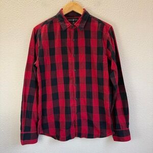 Beverly Hills Polo Club Mens Red Black Plaid Long Sleeve Button Up Shirt Size M